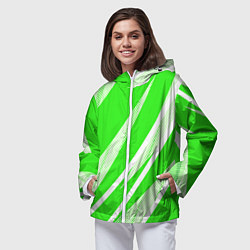 Ветровка с капюшоном женская Яблочный зелёный абстракция с полосами, цвет: 3D-белый — фото 2