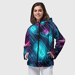 Ветровка с капюшоном женская Неоновый узор киберпанк микросхемы, цвет: 3D-черный — фото 2