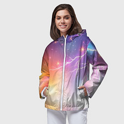 Ветровка с капюшоном женская Магический фон с молниями и звездами, цвет: 3D-белый — фото 2
