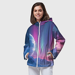 Ветровка с капюшоном женская Неоновый космос северного сияния, цвет: 3D-белый — фото 2