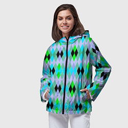 Ветровка с капюшоном женская Геометрический узор с разноцветными ромбами, цвет: 3D-черный — фото 2