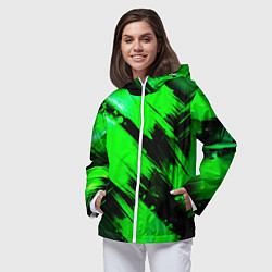 Ветровка с капюшоном женская Зеленые мазки краски на черном, цвет: 3D-белый — фото 2