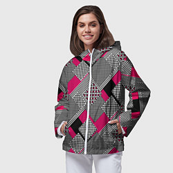 Ветровка с капюшоном женская Красно черная абстрактная геометрия пэчворк, цвет: 3D-белый — фото 2