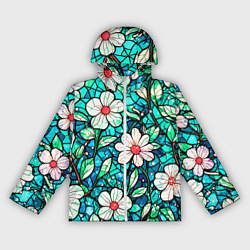 Ветровка с капюшоном женская Цветочный сине-зелёный витраж, цвет: 3D-белый