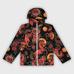 Ветровка с капюшоном женская Красная лошадь с розами, цвет: 3D-белый