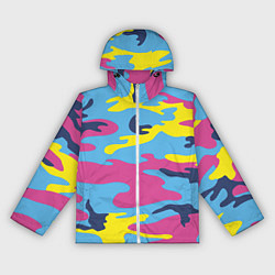 Ветровка с капюшоном женская Камуфляж: голубой/розовый/желтый, цвет: 3D-белый